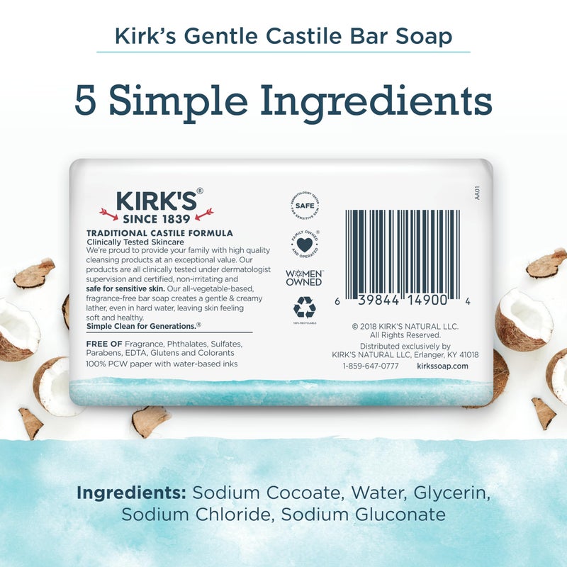 Kirk's Castile Bar Soap by Kirkâ€™s | Clean Soap for Men, Women & Children | Premium Coconut Oil | Sensitive Skin Formula, Vegan | Fragrance-Free/Unscented | 4 oz. Bars - 3 Pack - Image 2